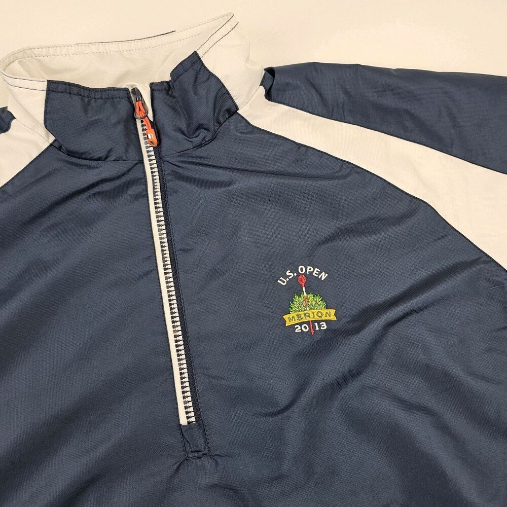 2013 US Open Merion Sunice X20 Mens L Golf Pullover Jacket Blue White 1/4 Zip